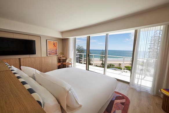 A bedroom with beach view inside the new Avani hotel in Mooloolaba.