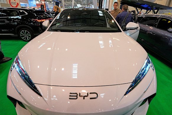 A BYD electric car on display at the Essen Motor Show in Essen, Germany.