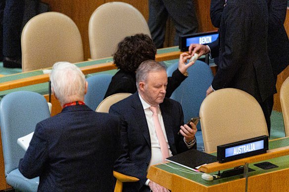 Prime Minister Anthony Albanese at the Two-State Solution Conference in the United Nations General Assembly Hall at UNHQ in New York City in September last year. 