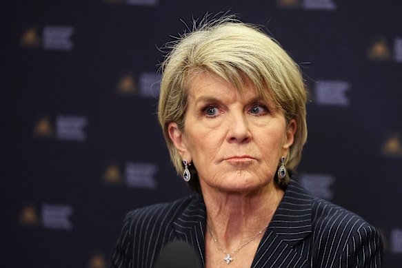 Then-chancellor Julie Bishop fronts the media after a meeting with ANU staff in September.