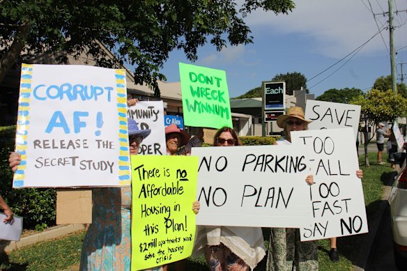 Wynnum residents protest outside LNP Councillor Alex Givney’s office in November last year over the plan to encourage apartment and mixed-use developments in their neighbourhood.
