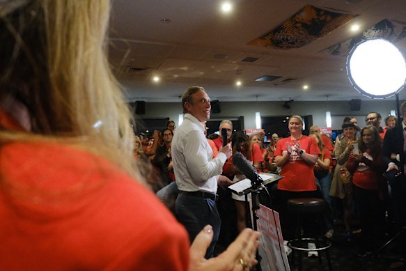 Queensland Labor Opposition Leader Steven Miles speaks to supporters at the Edinburgh Castle Hotel in Kedron on Saturday night.