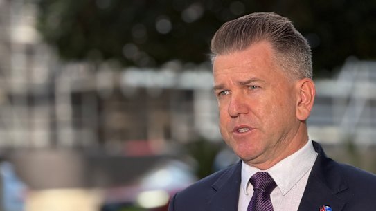 Queensland Deputy Premier Jarrod Bleijie holds a doorstop outside 1 William Street, Brisbane, on Wednesday.