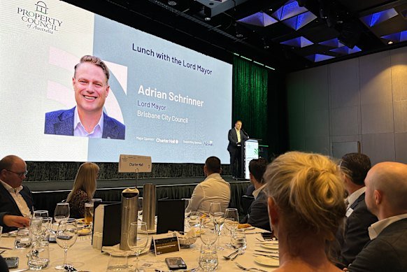 Lord Mayor Adrian Schrinner speaks at a Property Council of Australia lunch in Brisbane on Wednesday. 