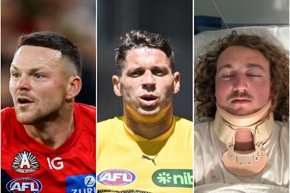 Footballers Steven May (left), Dion Prestia and Will Salter.