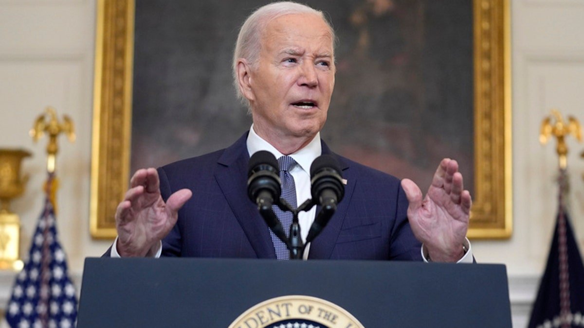 President Joe Biden speaking in the State Dining Room of the White House