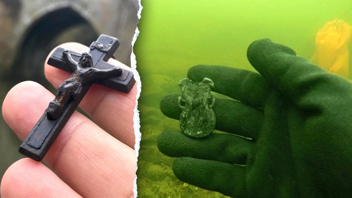 View of cross, underwater view of Bankhead holding an object