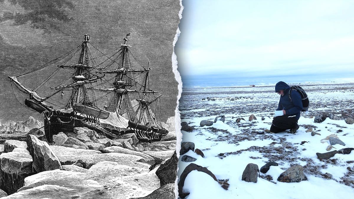 Split image of Franklin vessels stuck in ice, Stenton working at Arctic site