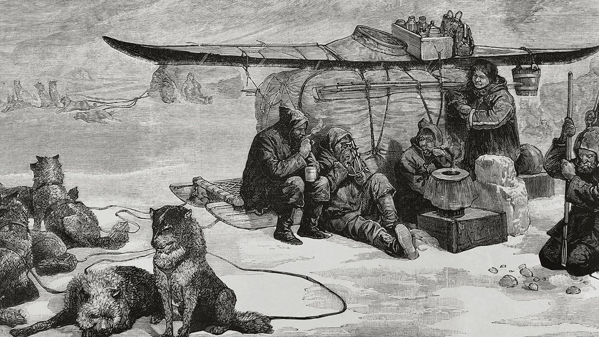 Depiction of Franklin sailors sitting in ice