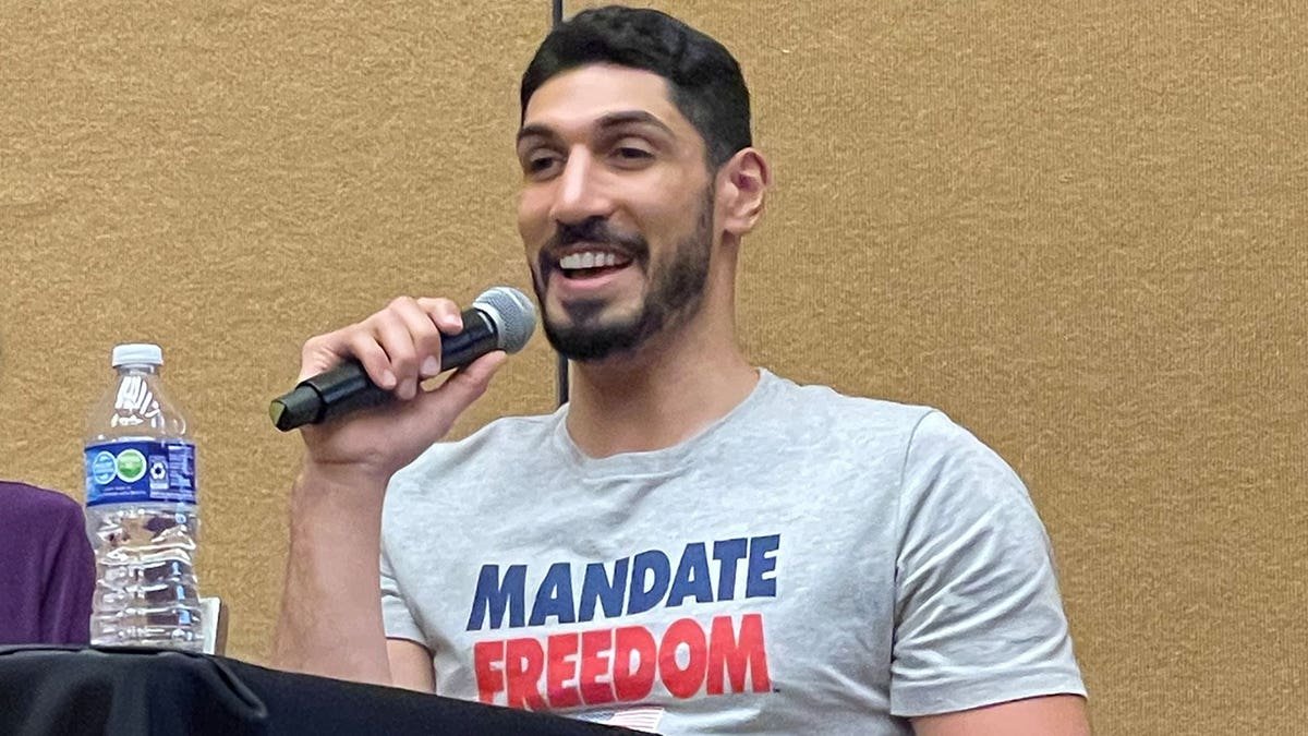 Enes Kanter Freedom speaking at a panel discussion at FreedomFest in Memphis, Tenn.