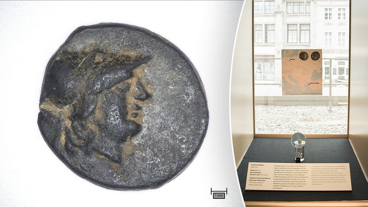 Split image of coin face next to museum exhibit