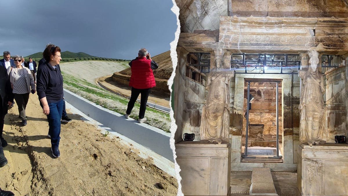 View of officials standing outside burial next to interior shot of marble hallway