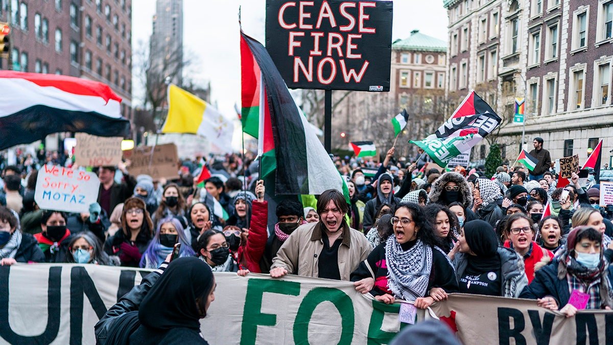Pro-Palestinian demonstrators protesting outside Columbia University in New York City