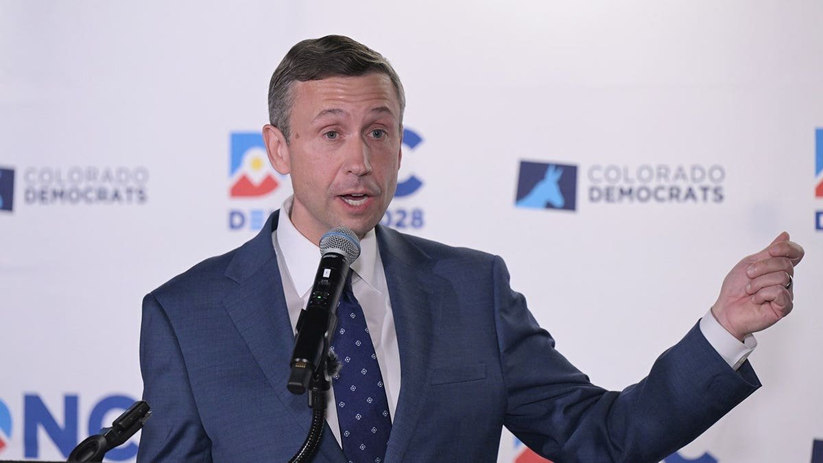 DNC chair Ken Martin makes a speech during the press conference for the DNC site visit at Ball Arena in Denver, Colorado