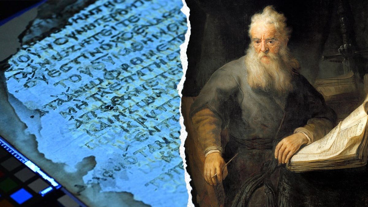 Close-up of ancient text in lab, painting of St Paul
