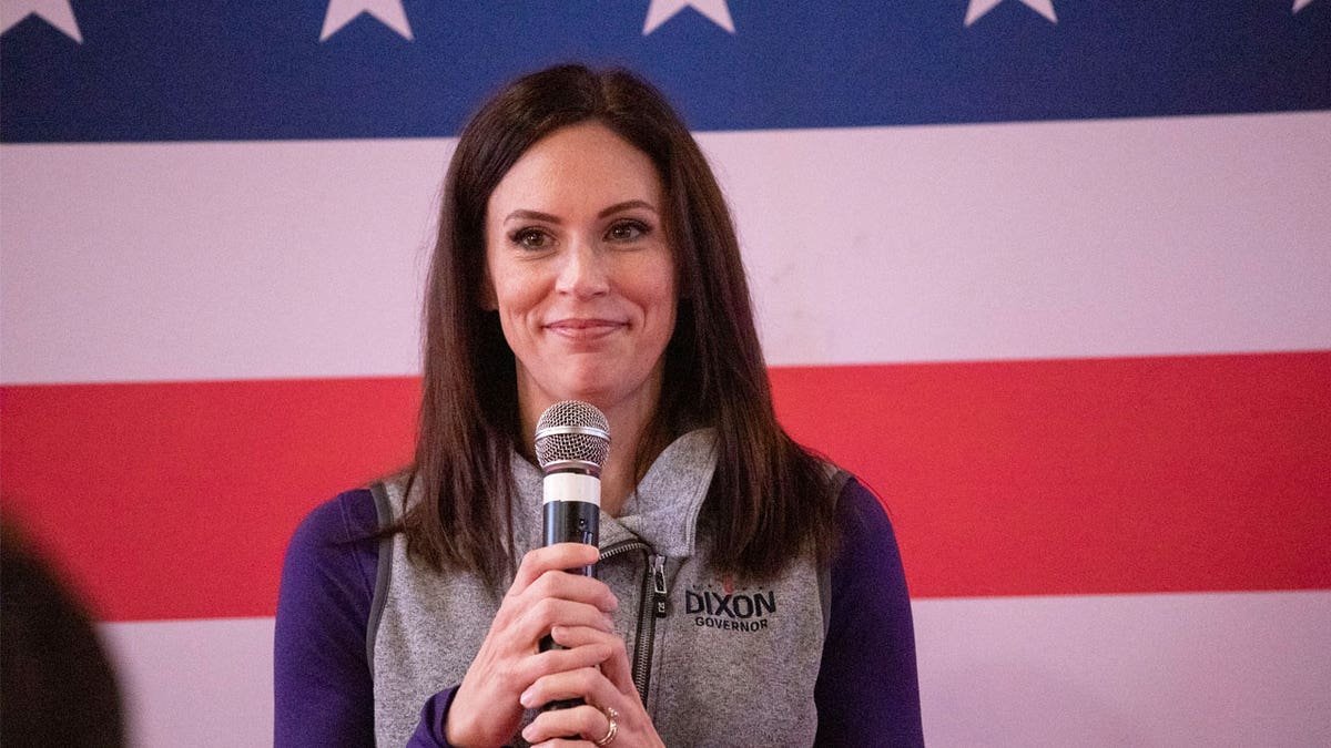 Michigan Republican gubernatorial candidate Tudor Dixon speaking at a rally in St. Clair