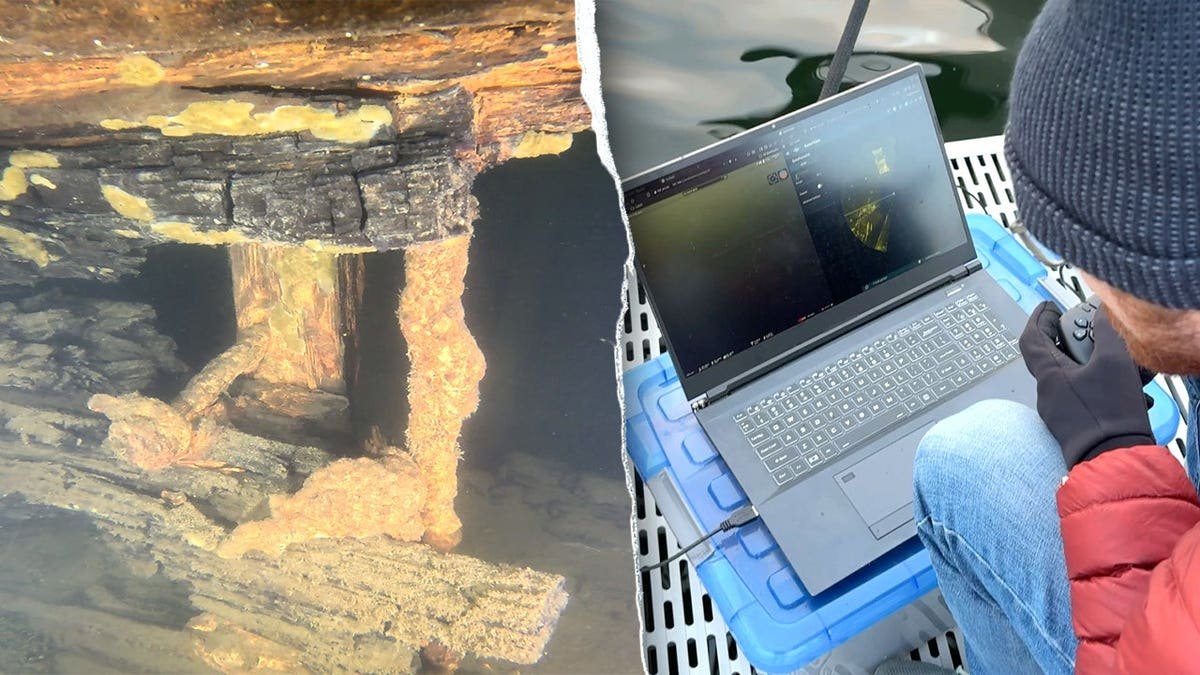 Split image of underwater wreck, analyst on computer