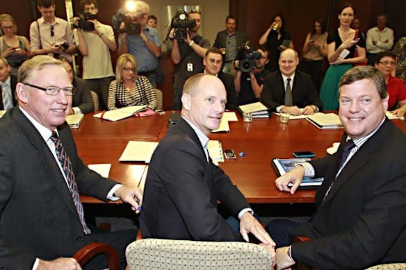 Jeff Seeney, Campbell Newman and Tim Nicholls at the executive building the day after the 2012 state election.