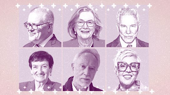 Honours recipients (clockwise from top left) Scott Morrison, Wendy McCarthy, Baz Luhrmann, Catherine Martin, J.M. Coetzee and Jennifer Westacott.