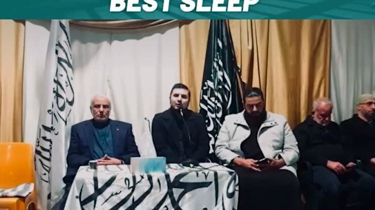 Grand Mufti of Australia Dr Ibrahim Abu Mohamad on left, sitting next to Wassim Doureihi and Bilal Merhi, from Hizb ut-Tahrir, at a memorial in 2023. 