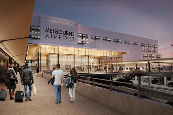 An artist’s render of the new pedestrian walkway from the drop-off and pick up zone at Melbourne Airport. 