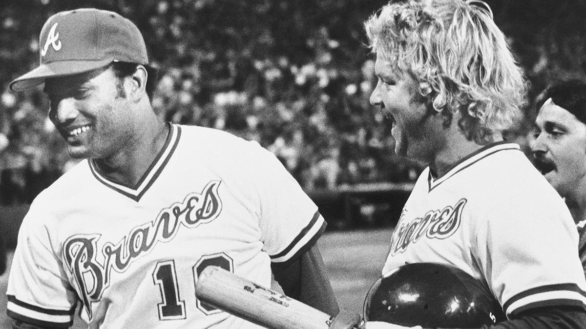 Atlanta Braves captain Bob Horner celebrating with teammate Chris Chambliss at Atlanta-Fulton County Stadium