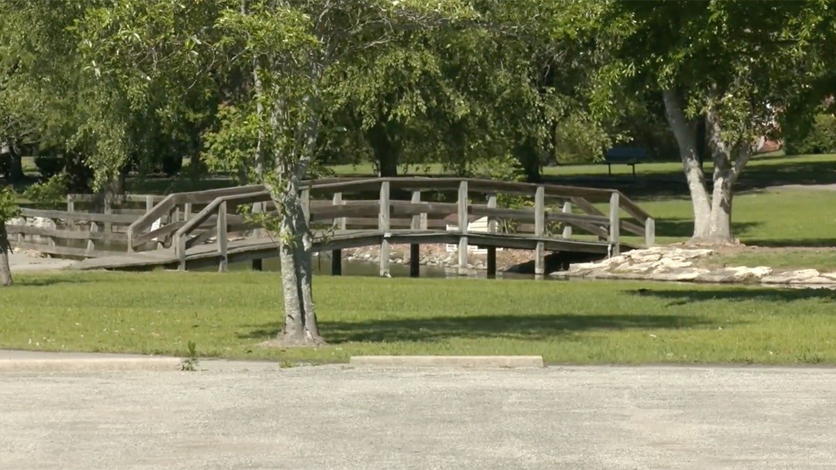 A wooden footbridge and grassy area at Webb Banks Passive Park in Brownsville, Tennessee, the site of a shooting.