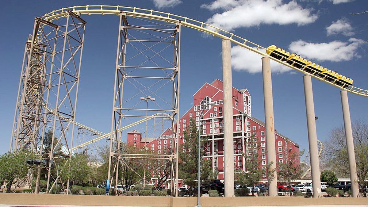 A roller coaster stands in front of Buffalo Bill's Resort & Casino in Primm, Nevada.