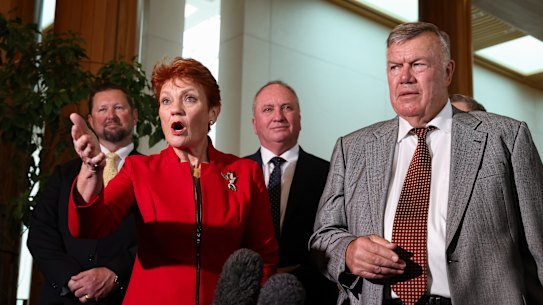 One Nation leader Senator Pauline Hanson and incoming Member for Farrer David Farley.