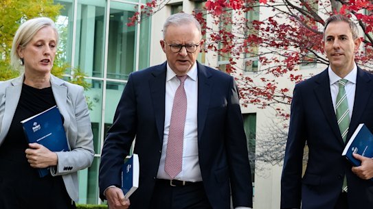 Finance Minister Katy Gallagher, Anthony Albanese and Jim Chalmers ahead of Tuesday’s budget.