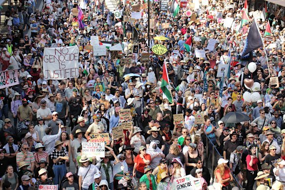 Protesters taking part in the March for Palestine in Brisbane in August, attended by tens of thousands of people