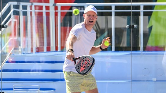 Here to serve: Dusty Allen, left, and Matt Thomas demonstrate the sport of padel at Melbourne Park.