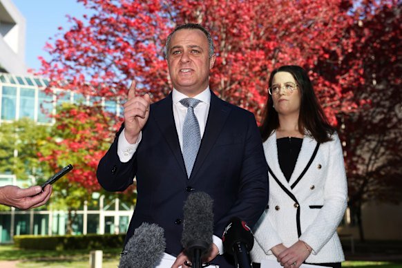 Shadow treasurer Tim Wilson addresses the media in Canberra.