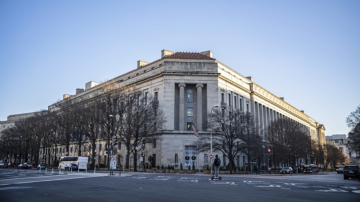 Exterior of the U.S. Department of Justice headquarters in Washington, D.C., related to a federal lawsuit over New Jersey tuition policies.