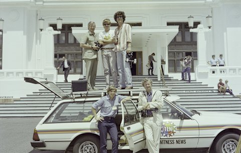 Ten Eyewitness news crew outside Parliament House in 1982.