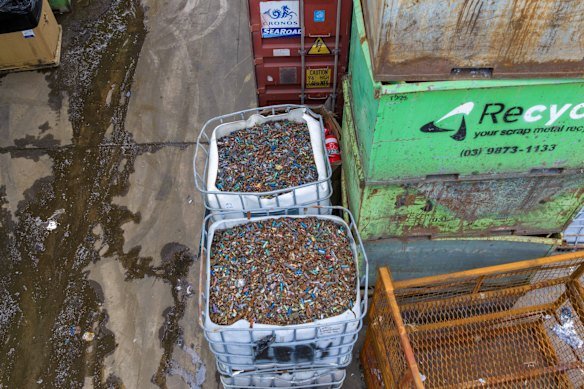 Rusting batteries being stored at a facility owned by Recycal, a sister company of Ecocycle.