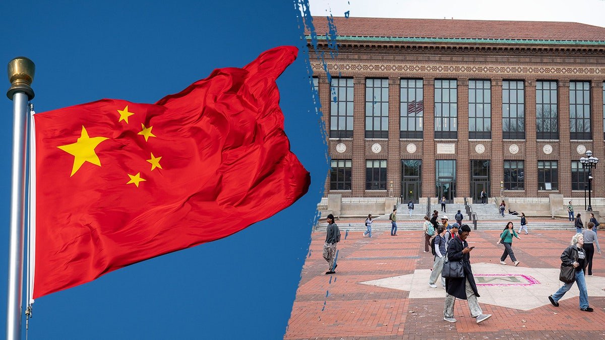Chinese nationals standing with a Chinese flag on a university campus