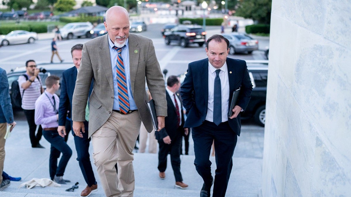 Sen. Mike Lee and Rep. Chip Roy walking toward the U.S. Capitol