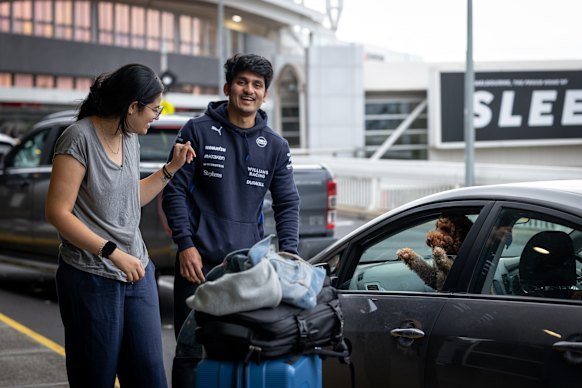 Arjun Mohan (right) farewells Malini V kerbside at Melbourne Airport. Such goodbyes won’t be possible once the new drop-off zone is completed.