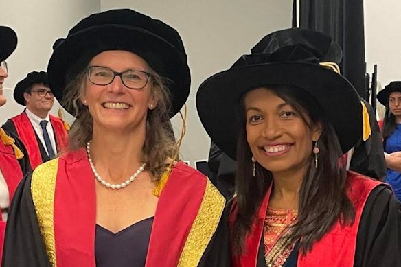 Royal Australasian College of Physicians (RACP) immediate past president Professor Jennifer Martin (left), with RACP suspended president-elect Dr Sharmila Chandran.