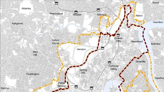 Boundaries of the city core (maroon) and city frame (mustard).