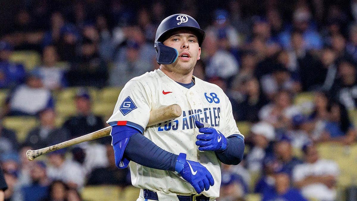 Los Angeles Dodgers catcher Dalton Rushing walking back to dugout after striking out at Dodger Stadium