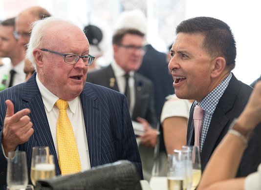 Graham Richardson with comedian Vince Sorrenti at Victoria Derby Day in 2015.