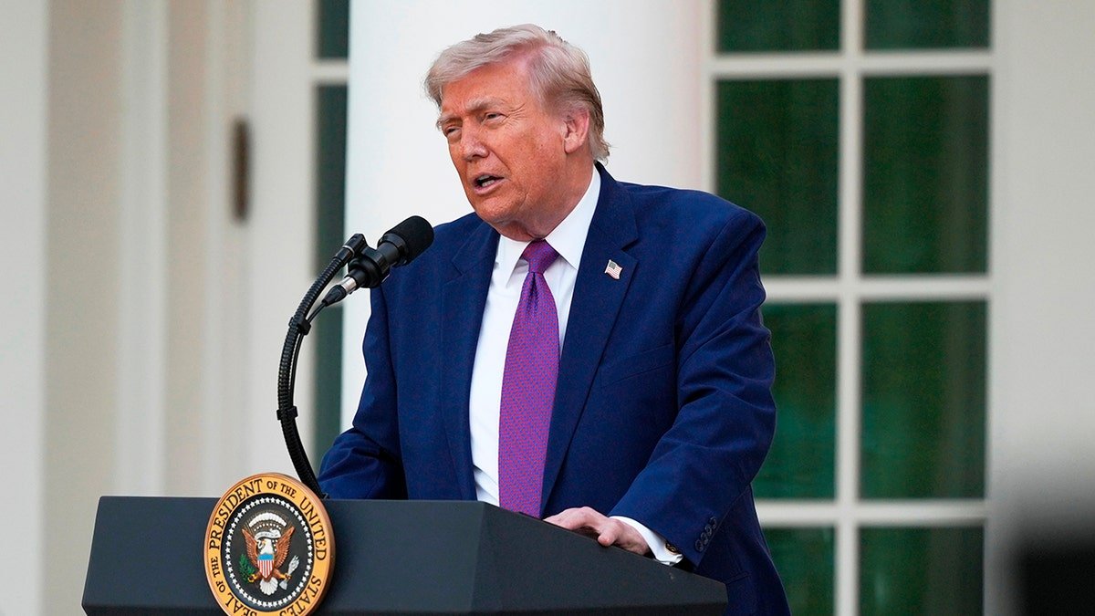President Donald Trump speaking in the White House Rose Garden