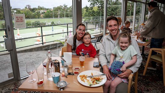 Paul and Abi Jolley enjoy a meal at the RSL with Darcy, 2, and Andie, 4.