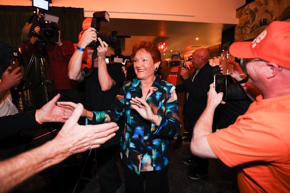 Pauline Hanson celebrates the byelection victory for her party.