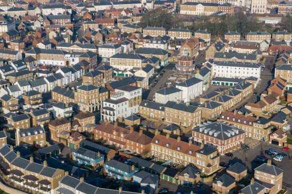 An aerial view of the purpose-built town of Poundbury in the English county of Dorset.