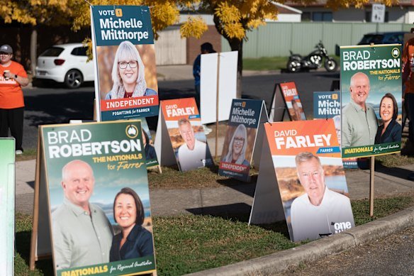 Candidates’ signage at a pre-polling booth last week in the lead-up to the Farrer byelection.
