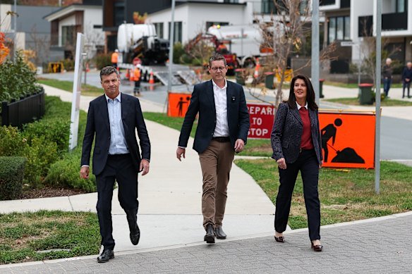 Angus Taylor, ACT Liberal Senate candidate Nick Tyrrell and deputy Liberal leader Jane Hume visit a new Canberra housing estate.