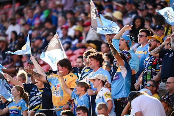 Gold Coast Titans fans cheering at Magic Round in Brisbane, Suncorp Stadium in 2025.